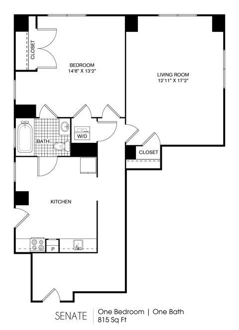 Floor plan for 1 bed, 1 bath, 815 sqft
